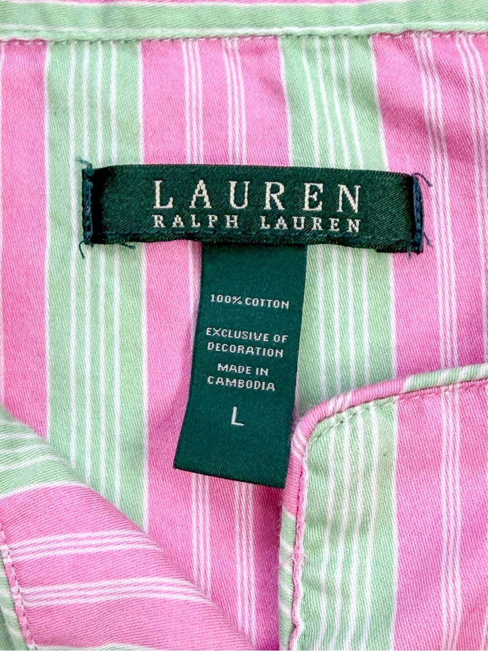 Lauren Ralph Lauren Pink Green Stripe Sleep Shirt Cover Up Large Resort Vacation - Picture 4 of 7